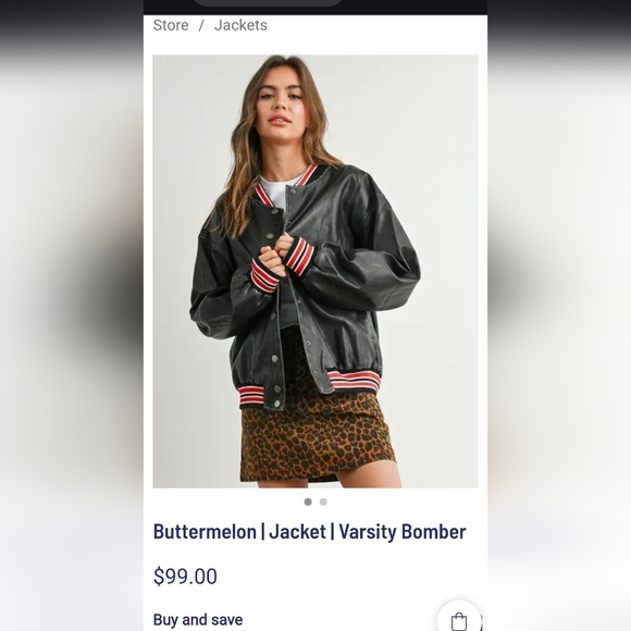 Buttermelon Black Faux Leather Varsity Bomber Jacket with Red & White Trim - Picture 6 of 8